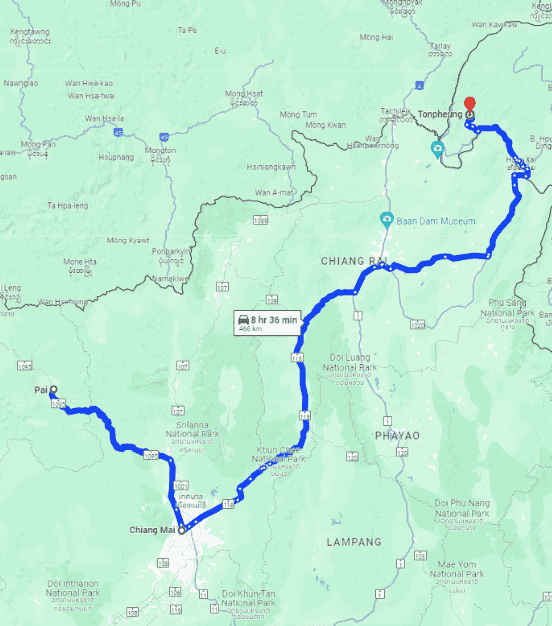 Map of the Journey from  Pai , Mae Hong Son, to Tonpheung, Laos